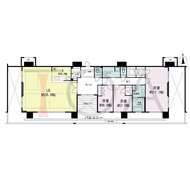 ヴィークタワー南堀江の間取り図 北東向き 3LDK+WIC+SIC 専有面積165.31m2
バルコニー面積96.77m2