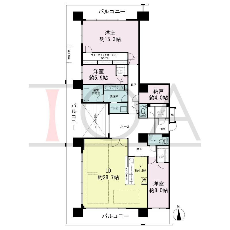 ヴィークタワー南堀江の間取り図 南西向き角 3LDK+WIC+SIC 専有面積170.30m2
バルコニー面積86.72m2