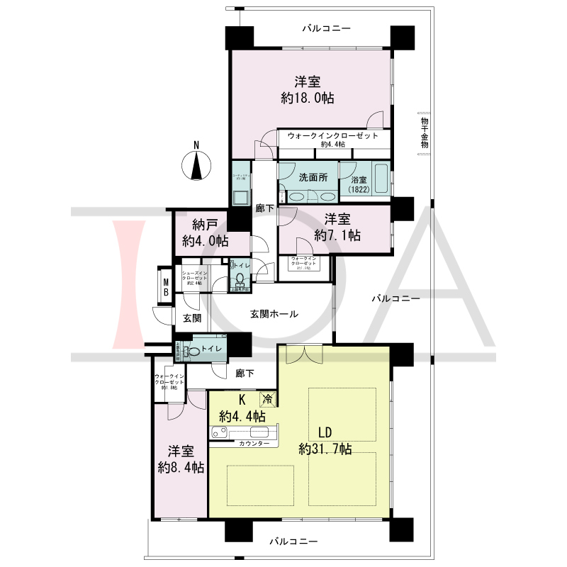 ヴィークタワー南堀江の間取り図 南東向き角 3LDK+WIC+SIC 専有面積185.41m2
バルコニー面積86.81m2