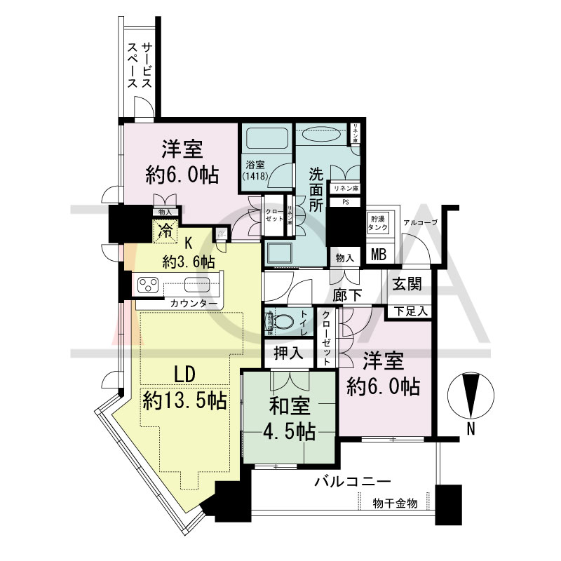 パークタワー北浜の間取り図 北東向き角 3LDK 専有面積78.11m2
バルコニー面積8.40m2