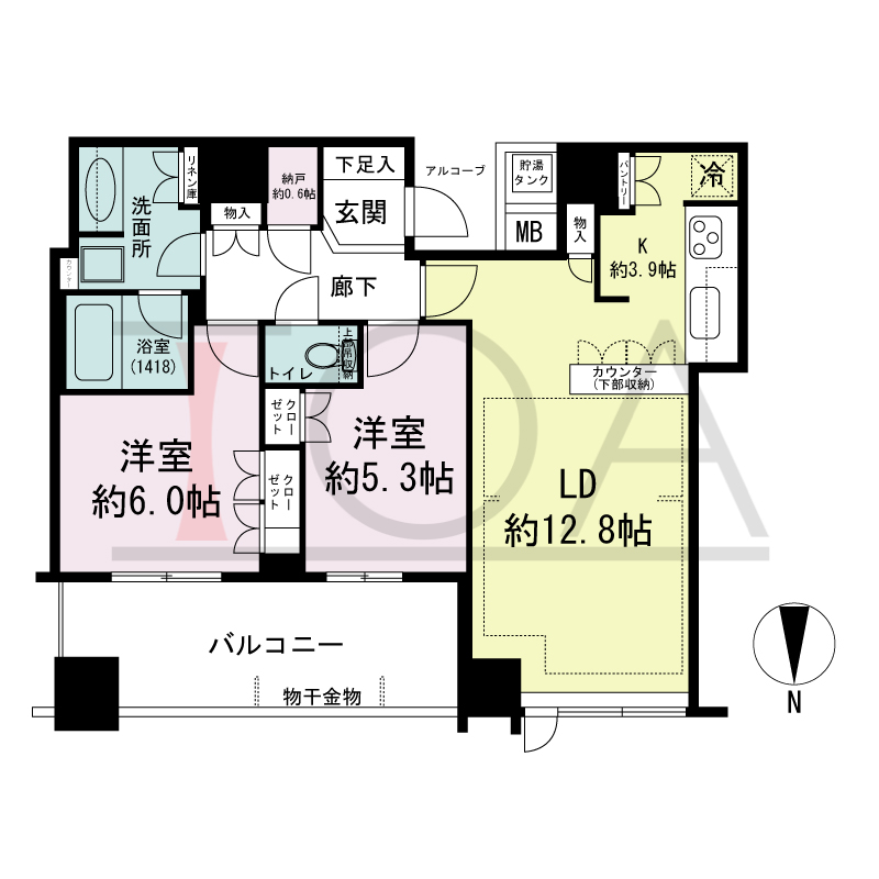 パークタワー北浜の間取り図 北向き 2LDK 専有面積67.16m2
バルコニー面積11.67m2