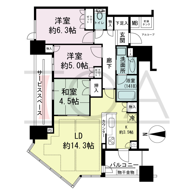 パークタワー北浜の間取り図 北西向き角 3LDK 専有面積75.44m2
バルコニー面積5.36m2