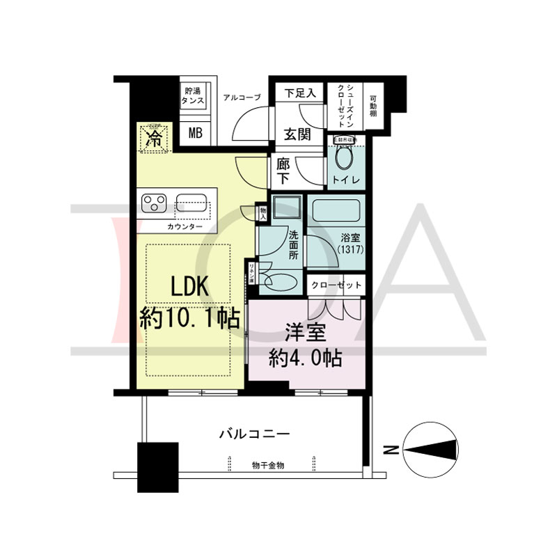 パークタワー北浜の間取り図 西向き 1LDK 専有面積37.29m2
バルコニー面積10.04m2