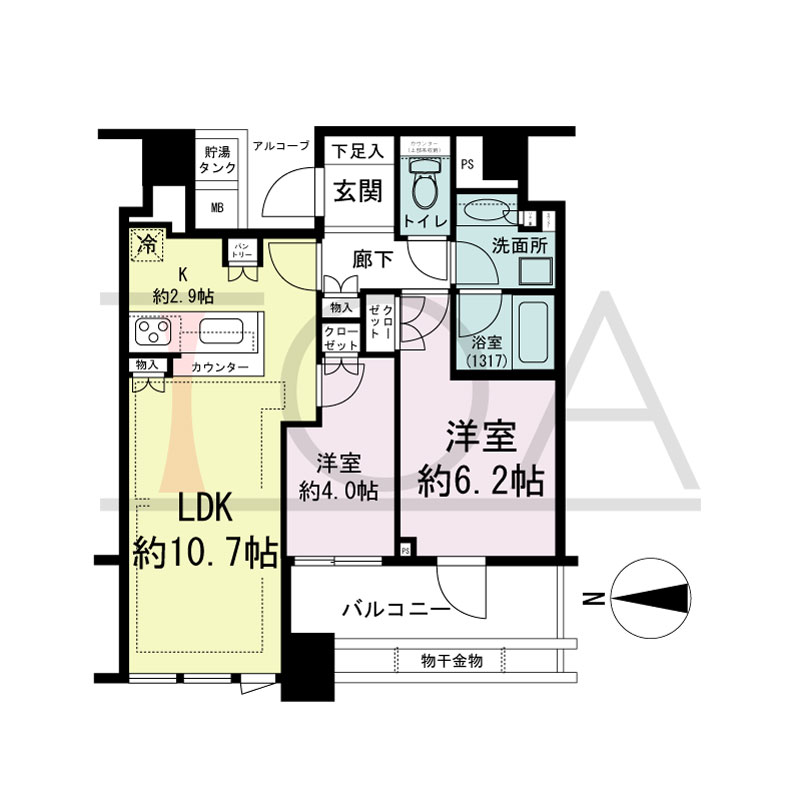 パークタワー北浜の間取り図 西向き 2LDK 専有面積55.84m2
バルコニー面積9.19m2