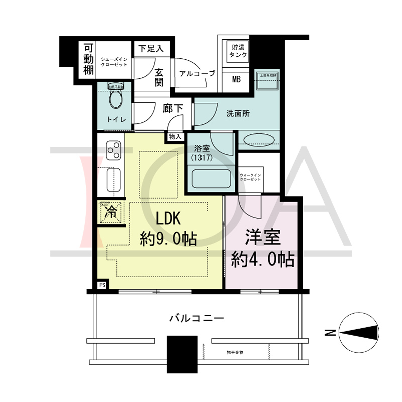 パークタワー北浜の間取り図 西向き 1LDK 専有面積37.79m2
バルコニー面積11.54m2
