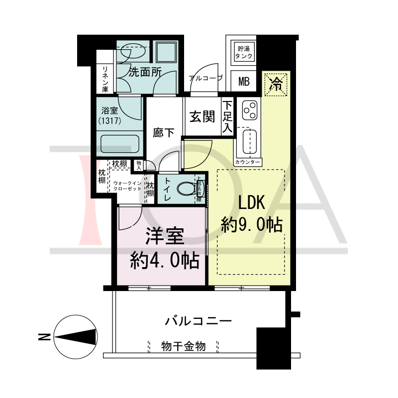 パークタワー北浜の間取り図 西向き 1LDK 専有面積37.06m2
バルコニー面積9.88m2