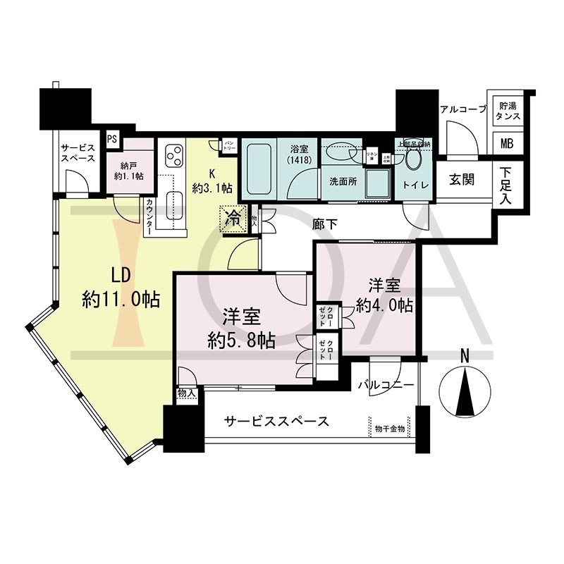 パークタワー北浜の間取り図 南西向き角 2LDK 専有面積60.90m2
バルコニー面積3.42m2