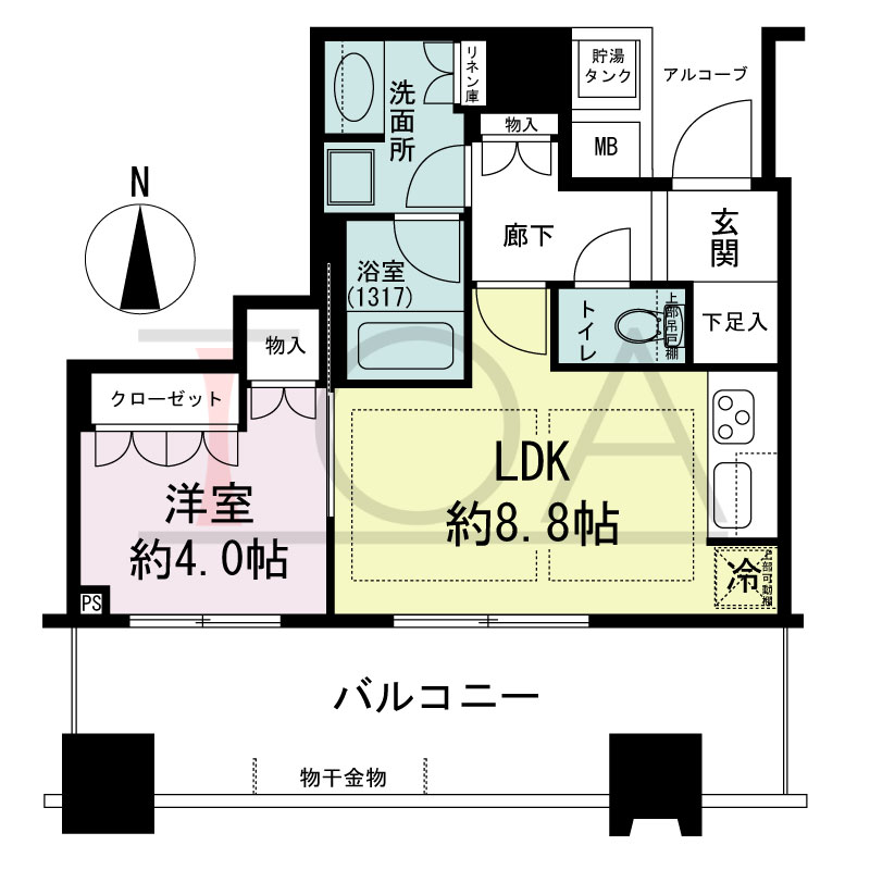 パークタワー北浜の間取り図 南向き 1LDK 専有面積37.44m2
バルコニー面積15.24m2