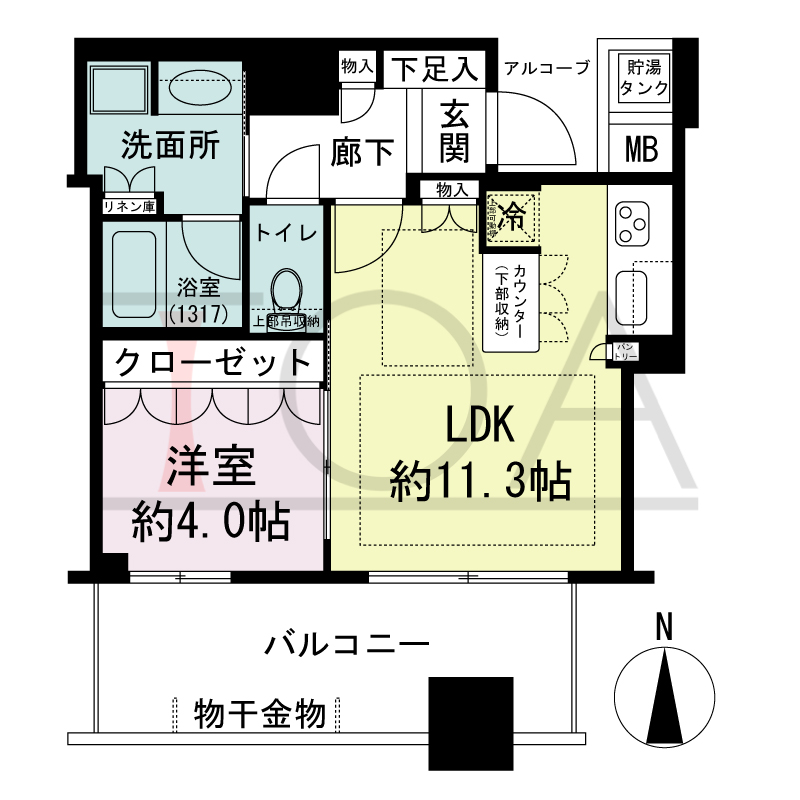 パークタワー北浜の間取り図 南向き 1LDK 専有面積40.90m2
バルコニー面積11.35m2