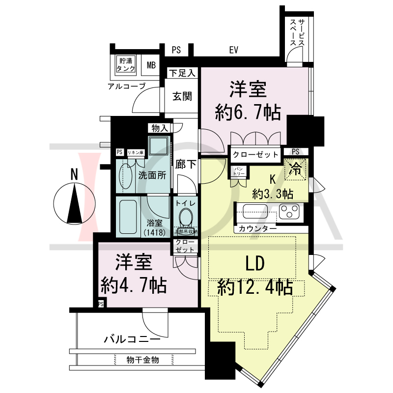 パークタワー北浜の間取り図 南東向き角 2LDK 専有面積61.07m2
バルコニー面積8.70m2