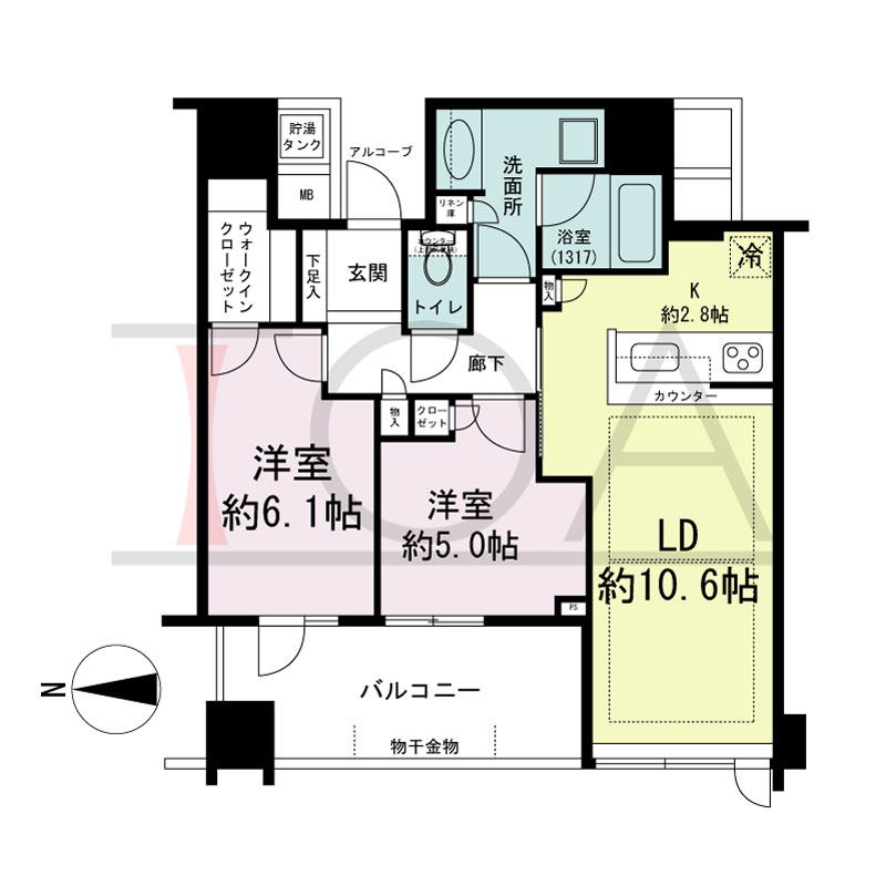 パークタワー北浜の間取り図 西向き 2LDK 専有面積59.62m2
バルコニー面積10.04m2