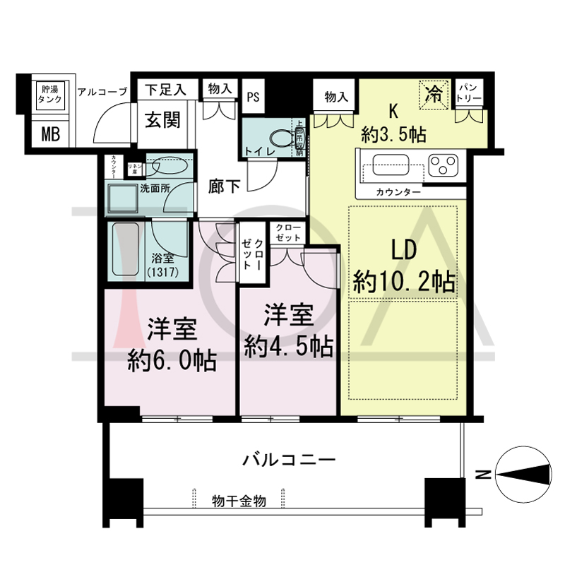 パークタワー北浜の間取り図 西向き 2LDK 専有面積57.04m2
バルコニー面積14.87m2