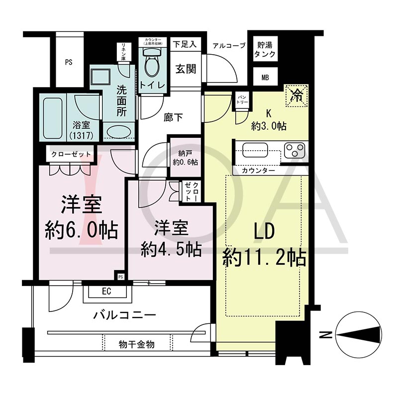 パークタワー北浜の間取り図 西向き 2LDK 専有面積58.65m2
バルコニー面積10.17m2