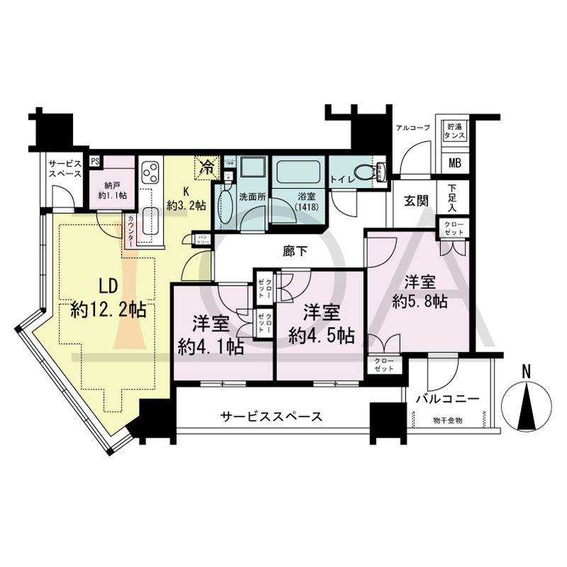 パークタワー北浜の間取り図 南西向き角 3LDK 専有面積71.23m2
バルコニー面積4.56m2