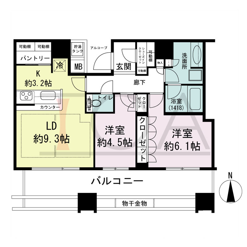 パークタワー北浜の間取り図 南向き 2LDK 専有面積60.24m2
バルコニー面積18.76m2