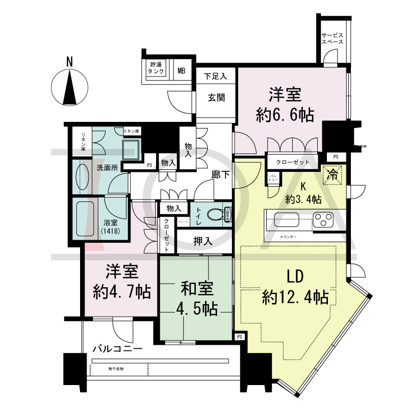 パークタワー北浜の間取り図 南東向き角 3LDK 専有面積77.02m2
バルコニー面積8.13m2