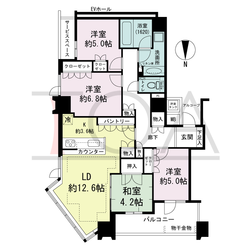 パークタワー北浜の間取り図 北東向き角 4LDK 専有面積91.84m2
バルコニー面積8.40m2
