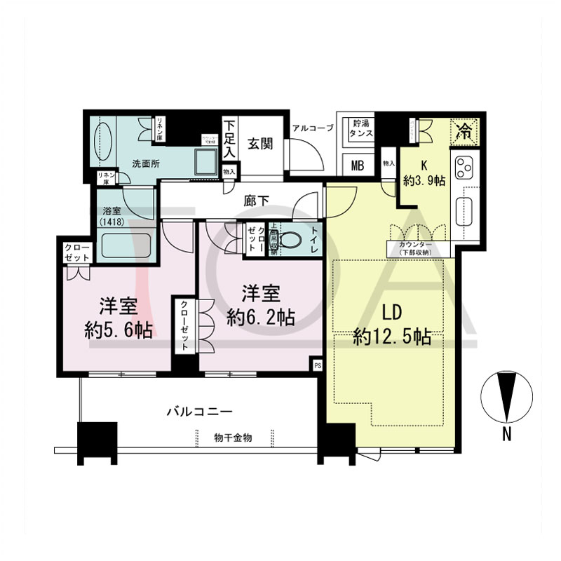 パークタワー北浜の間取り図 北向き 2LDK 専有面積67.87m2
バルコニー面積11.67m2