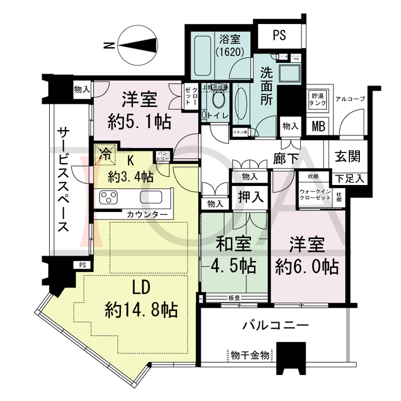 パークタワー北浜の間取り図 北東向き角 3LDK 専有面積82.68m2
バルコニー面積9.70m2