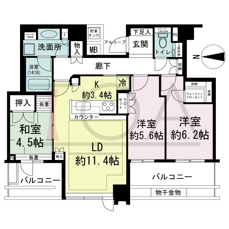 パークタワー北浜の間取り図 西向き 3LDK 専有面積77.51m2
バルコニー面積14.62m2