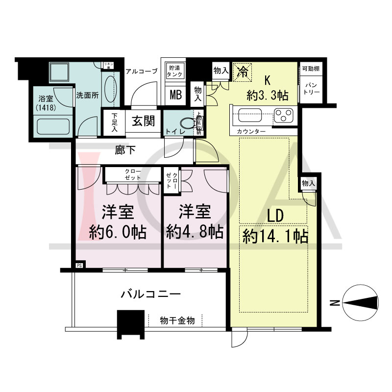 パークタワー北浜の間取り図 西向き 2LDK 専有面積67.23m2
バルコニー面積10.10m2