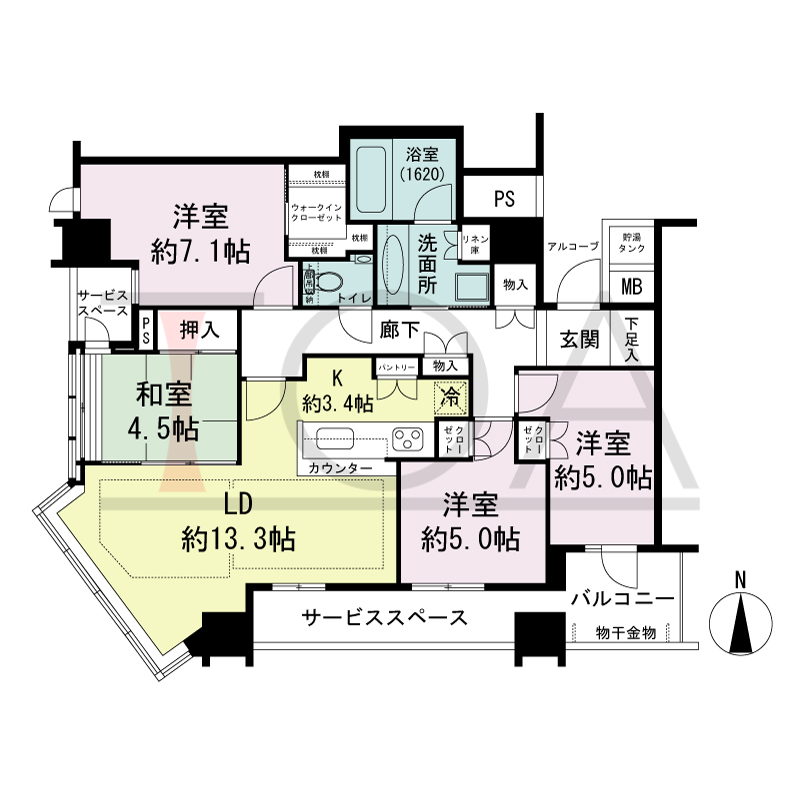 パークタワー北浜の間取り図 南西向き角 4LDK 専有面積90.56m2
バルコニー面積4.56m2