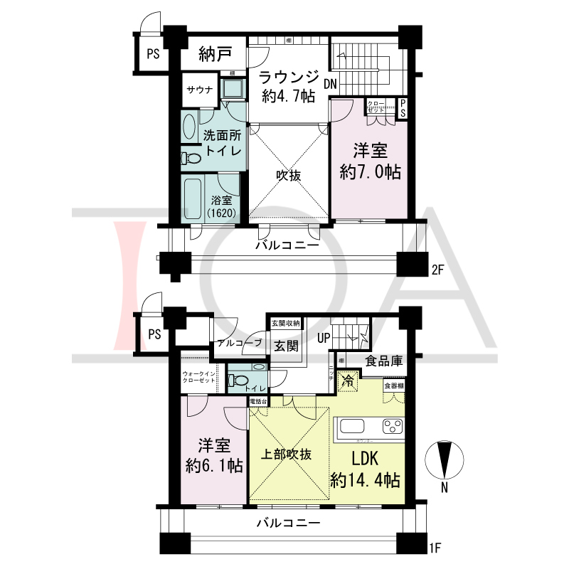ビオール大阪大手前タワーの間取り図 北向き 2LDK 専有面積94.41m2
バルコニー面積20.12m2
