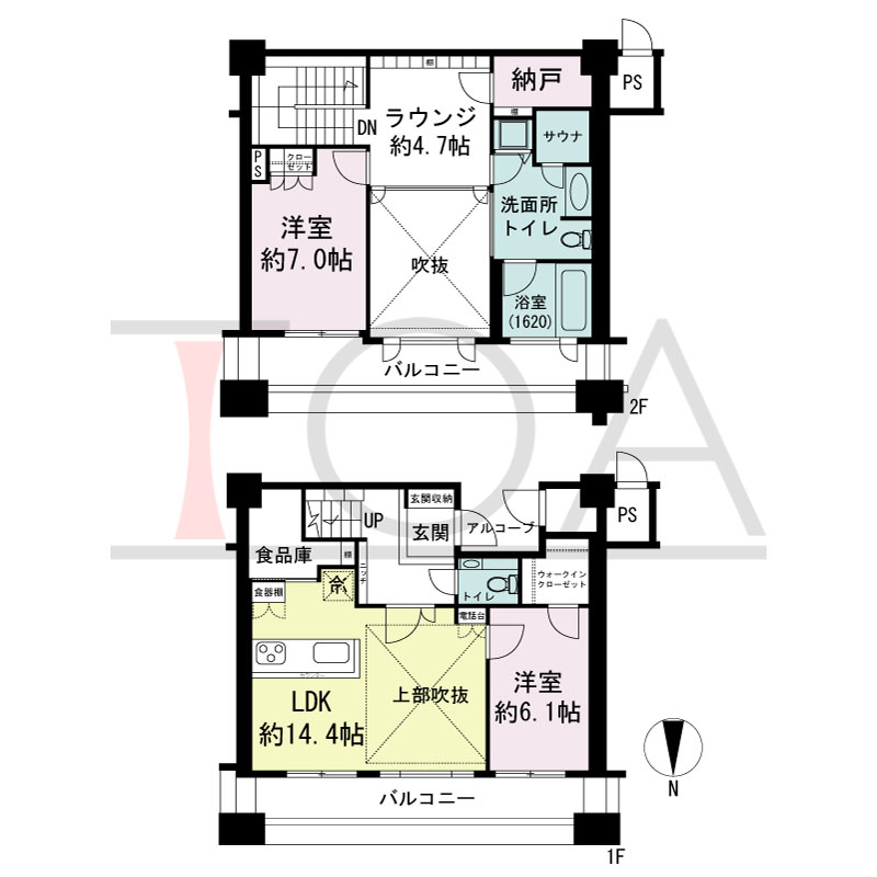 ビオール大阪大手前タワーの間取り図 北向き 2LDK 専有面積94.41m2
バルコニー面積20.12m2
