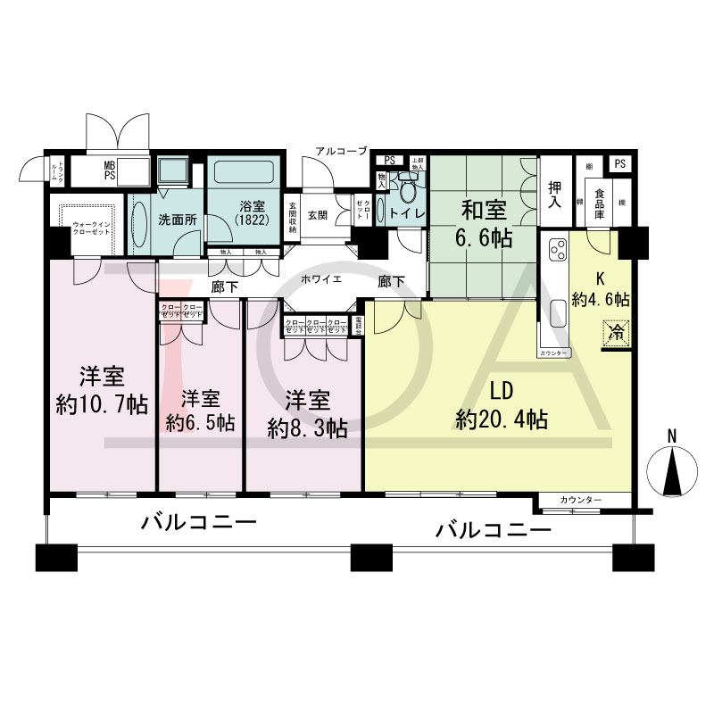 ビオール大阪大手前タワーの間取り図 南向き 4LDK 専有面積129.54m2
バルコニー面積20.83m2