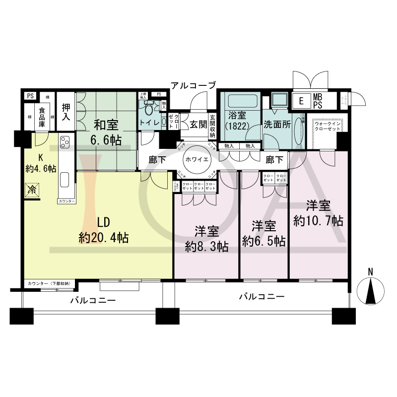 ビオール大阪大手前タワーの間取り図 南向き 4LDK 専有面積129.54m2
バルコニー面積20.83m2