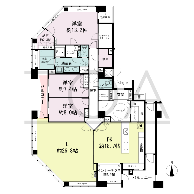 ビオール大阪大手前タワーの間取り図 南西向き角 3LDK 専有面積204.80m2
バルコニー面積18.40m2