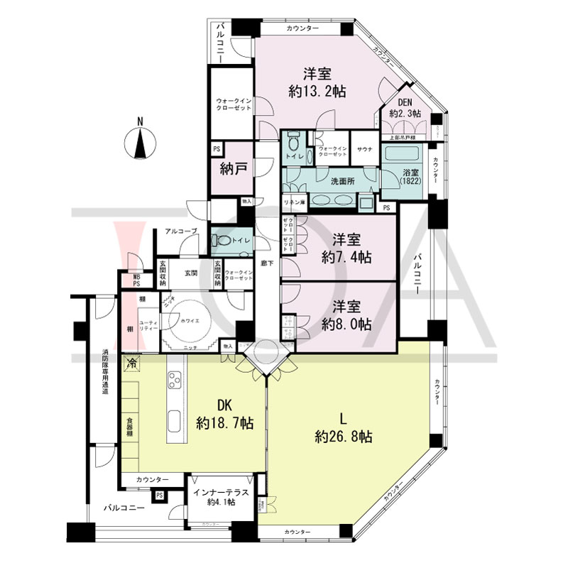 ビオール大阪大手前タワーの間取り図 南東向き角 3LDK 専有面積204.80m2
バルコニー面積18.40m2