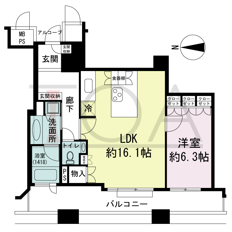 ビオール大阪大手前タワーの間取り図 西向き 1LDK 専有面積57.22m2
バルコニー面積12.93m2
