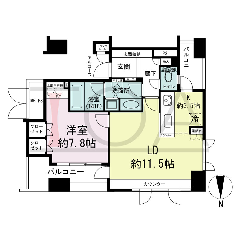 ビオール大阪大手前タワーの間取り図 北西向き角 1LDK 専有面積58.00m2
バルコニー面積8.83m2