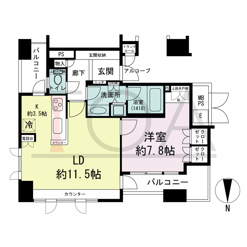 ビオール大阪大手前タワーの間取り図 北東向き角 1LDK 専有面積58.00m2
バルコニー面積8.83m2
