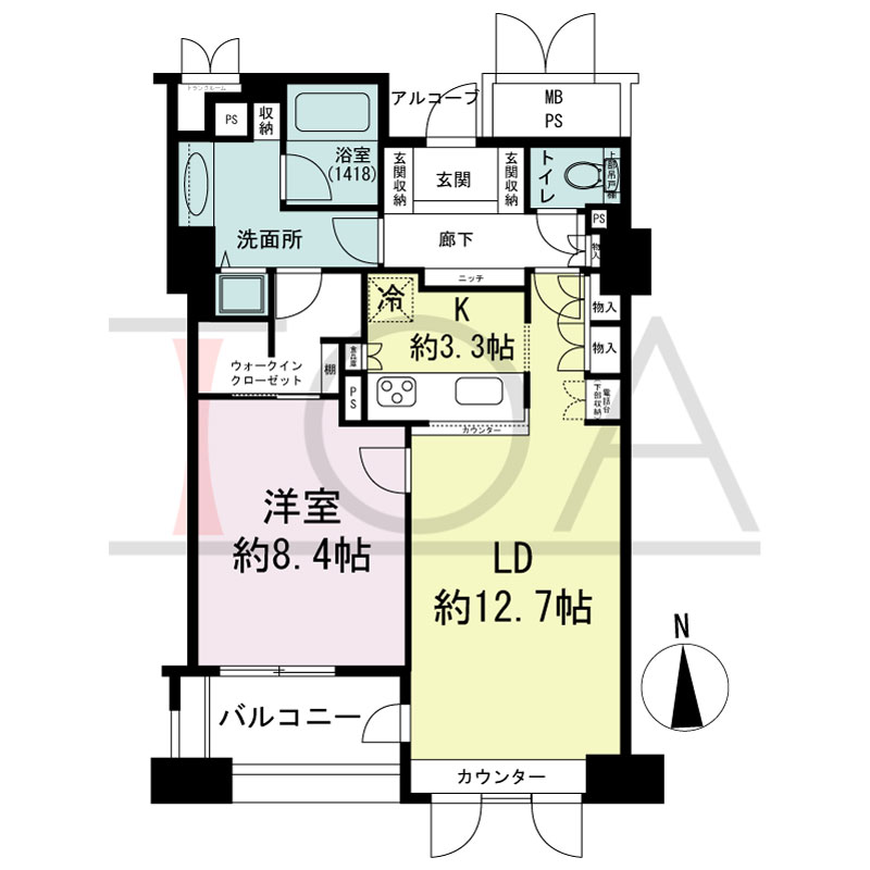ビオール大阪大手前タワーの間取り図 南向き 1LDK 専有面積65.40m2
バルコニー面積5.42m2