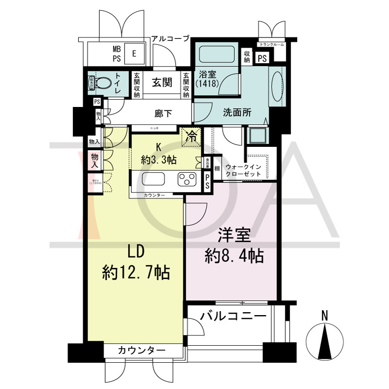 ビオール大阪大手前タワーの間取り図 南向き 1LDK 専有面積65.40m2
バルコニー面積5.42m2