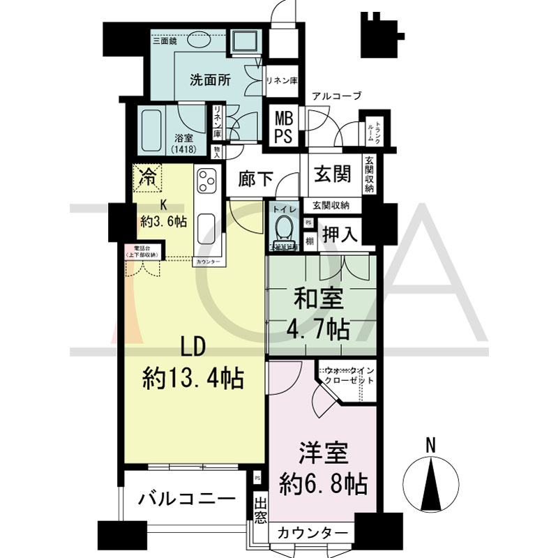 ビオール大阪大手前タワーの間取り図 南向き 2LDK 専有面積72.05m2
バルコニー面積5.51m2
