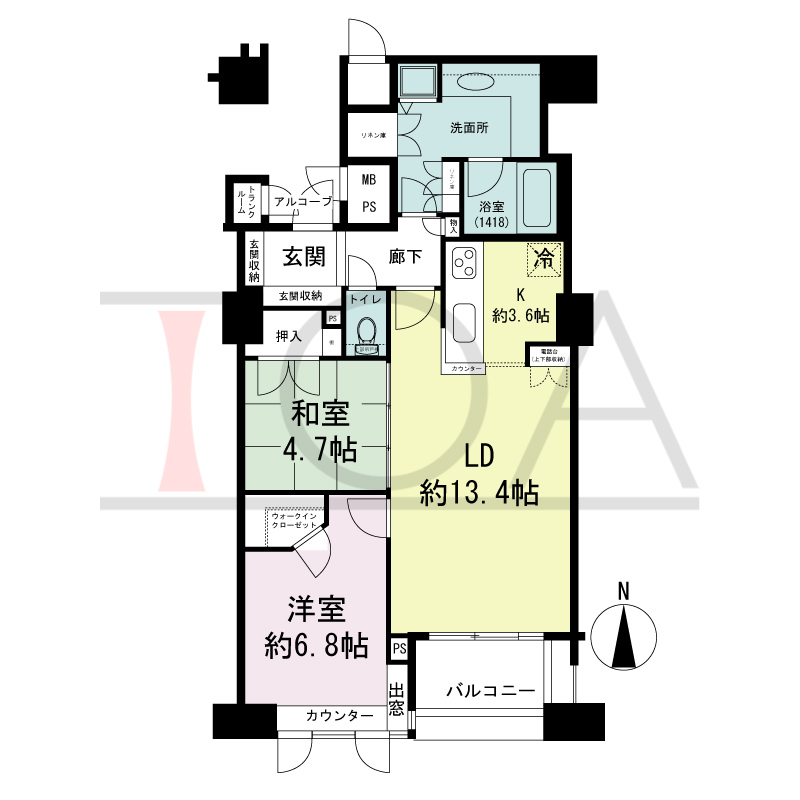 ビオール大阪大手前タワーの間取り図 南向き 2LDK 専有面積72.05m2
バルコニー面積5.51m2