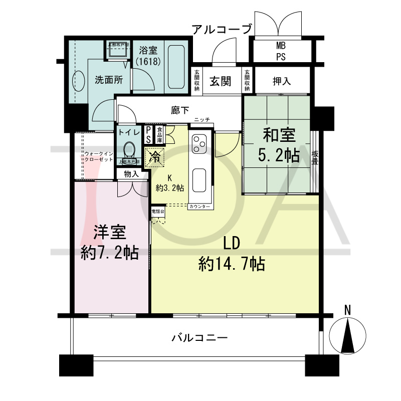 ビオール大阪大手前タワーの間取り図 南向き 2LDK 専有面積72.20m2
バルコニー面積11.99m2