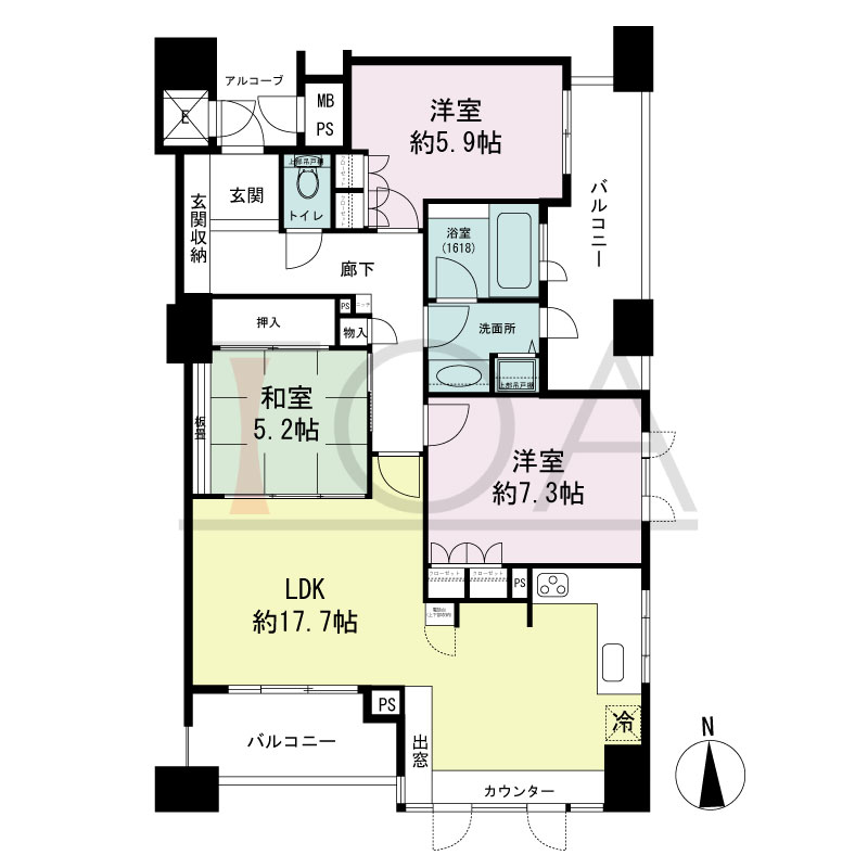 ビオール大阪大手前タワーの間取り図 南向き角 3LDK 専有面積84.90m2
バルコニー面積15.03m2