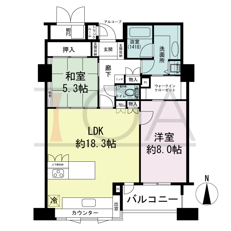 ビオール大阪大手前タワーの間取り図 南向き 2LDK 専有面積77.13m2
バルコニー面積5.70m2