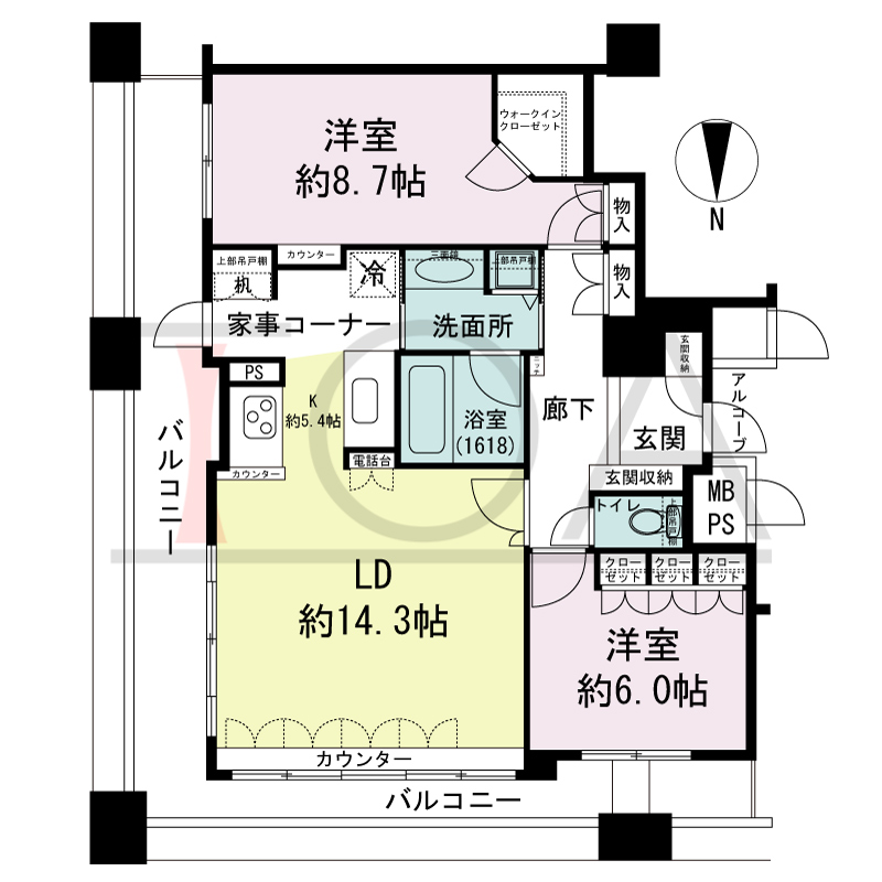 ビオール大阪大手前タワーの間取り図 北東角 2LDK 専有面積80.00m2
バルコニー面積22.73m2
13階ルーフバルコニー面積22.73m2