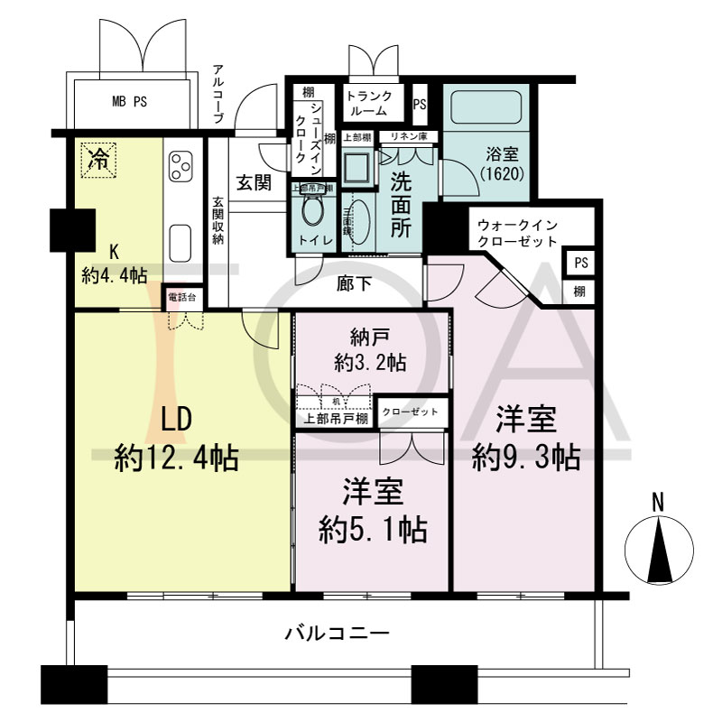 ビオール大阪大手前タワーの間取り図 南向き 2LDK 専有面積80.93m2
バルコニー面積13.63m2
13階ルーフバルコニー面積13.63m2