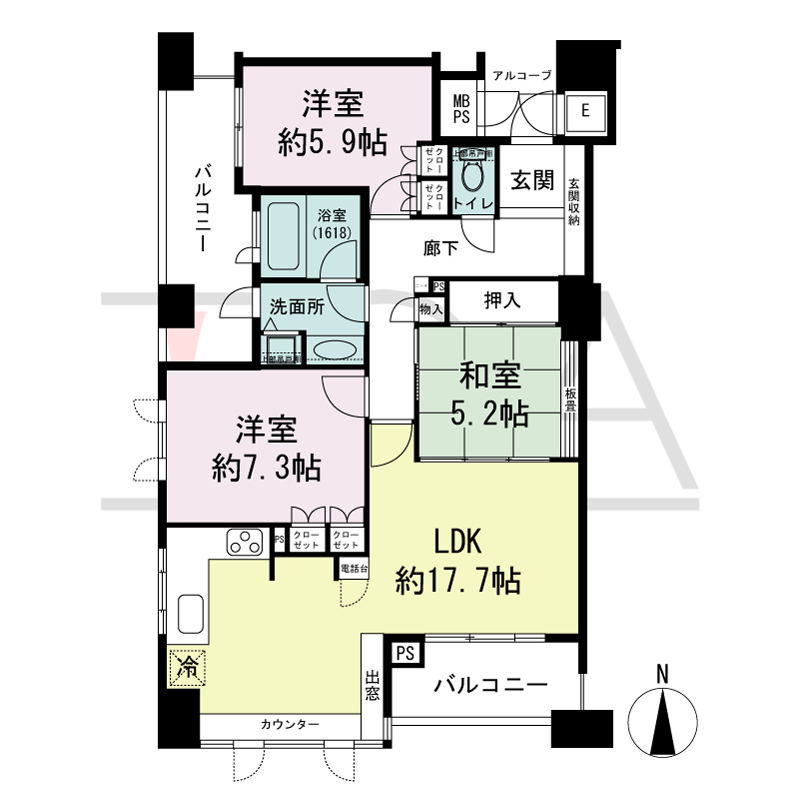 ビオール大阪大手前タワーの間取り図 南向き角 3LDK 専有面積84.90m2
バルコニー面積15.03m2