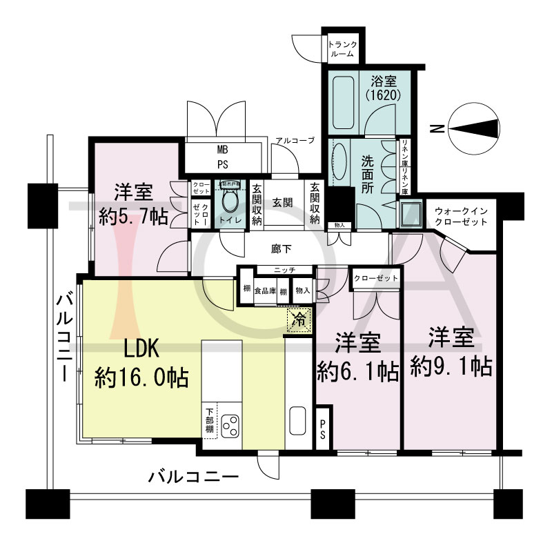 ビオール大阪大手前タワーの間取り図 北西角 3LDK 専有面積87.94m2
バルコニー面積21.64m2