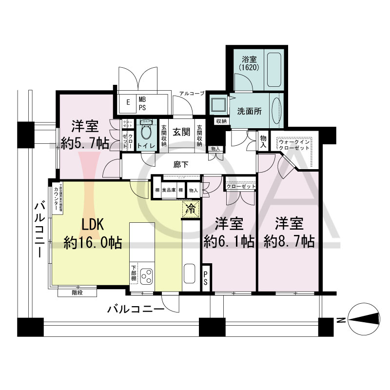 ビオール大阪大手前タワーの間取り図 北西角 3LDK 専有面積88.17m2
バルコニー面積21.64m2