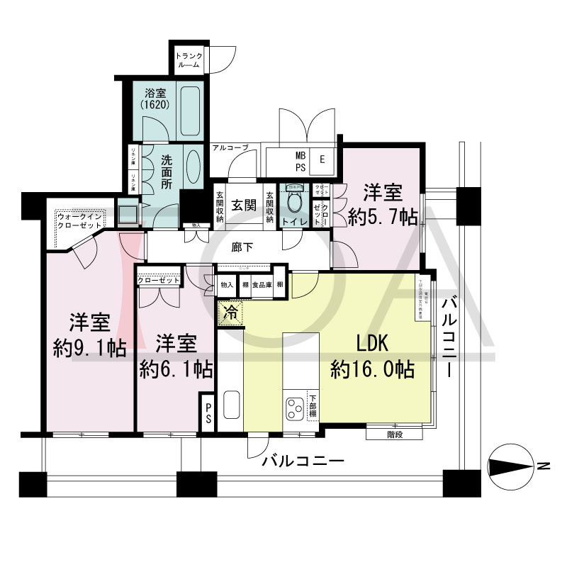 ビオール大阪大手前タワーの間取り図 北東角 3LDK 専有面積87.94m2
バルコニー面積21.64m2