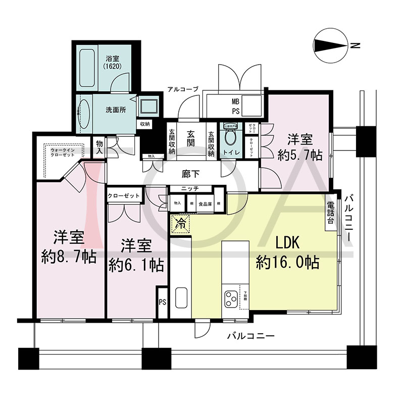 ビオール大阪大手前タワーの間取り図 北東角 3LDK 専有面積88.17m2
バルコニー面積21.64m2