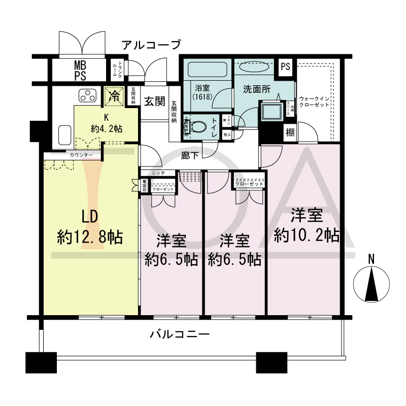 ビオール大阪大手前タワーの間取り図 南向き 3LDK 専有面積92.95m2
バルコニー面積15.37m2